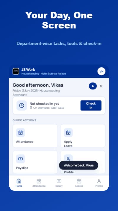Jhattse Business Employee App — Home — Check In/Out screen