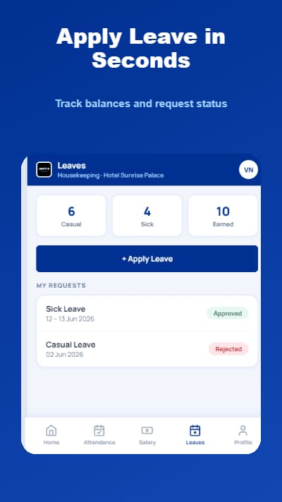 Jhattse Business Employee App — Leaves screen
