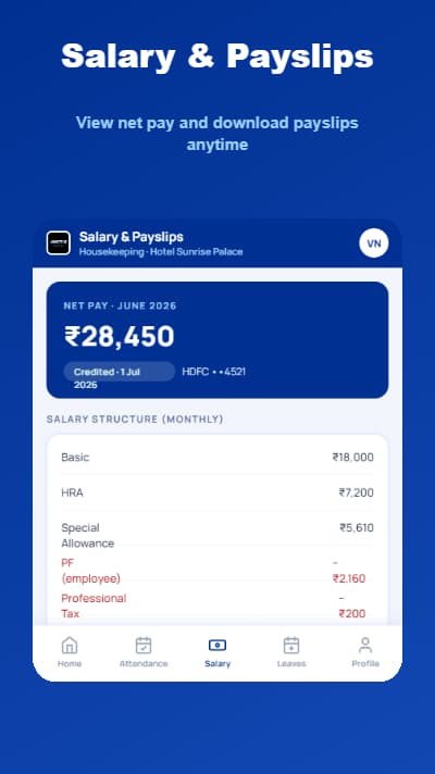 Jhattse Business Employee App — Salary & Payslips screen